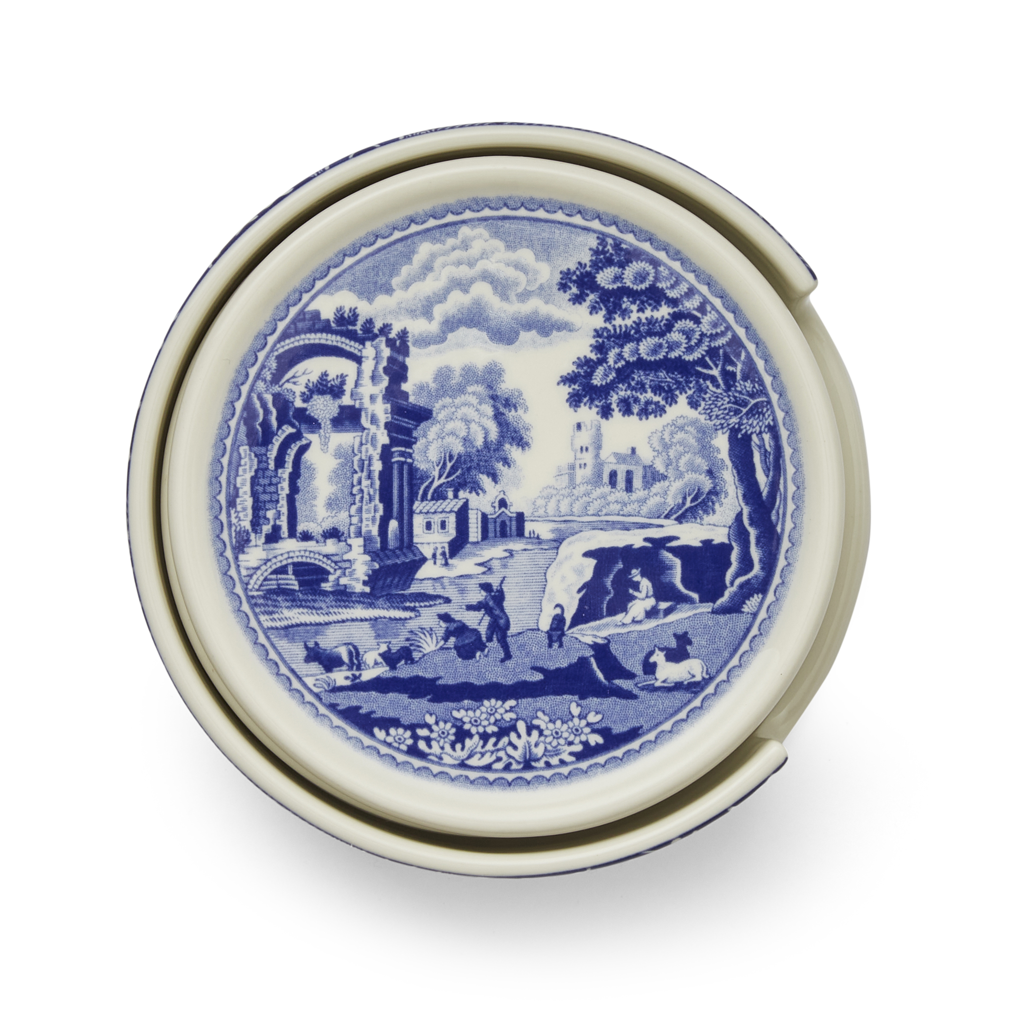 Blue and White Chinoiserie Ceramic Coasters with Holder, Decorative Object